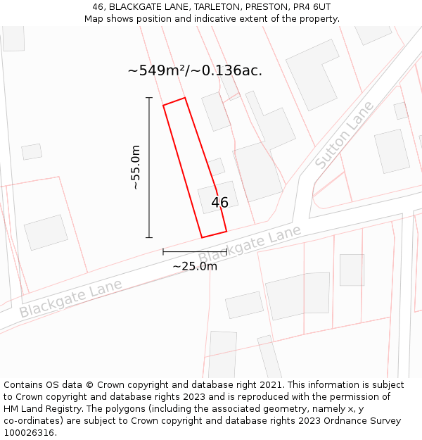 46, BLACKGATE LANE, TARLETON, PRESTON, PR4 6UT: Plot and title map