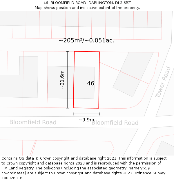 46, BLOOMFIELD ROAD, DARLINGTON, DL3 6RZ: Plot and title map
