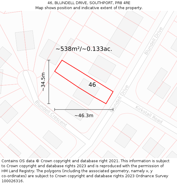 46, BLUNDELL DRIVE, SOUTHPORT, PR8 4RE: Plot and title map