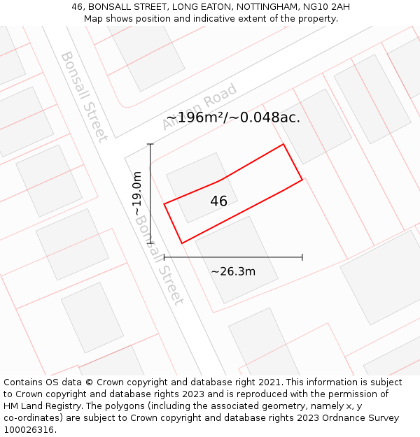 46, BONSALL STREET, LONG EATON, NOTTINGHAM, NG10 2AH: Plot and title map