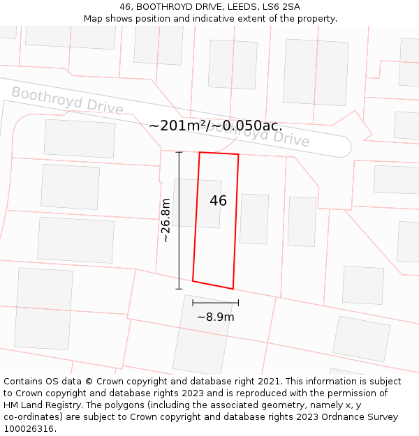 46, BOOTHROYD DRIVE, LEEDS, LS6 2SA: Plot and title map