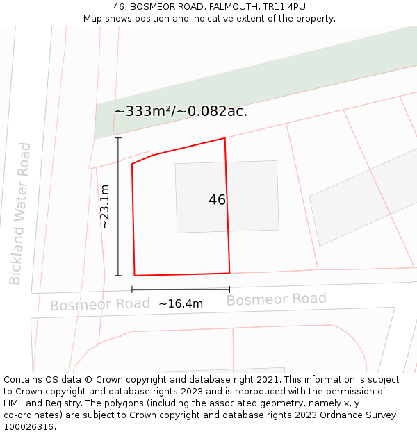 46, BOSMEOR ROAD, FALMOUTH, TR11 4PU: Plot and title map