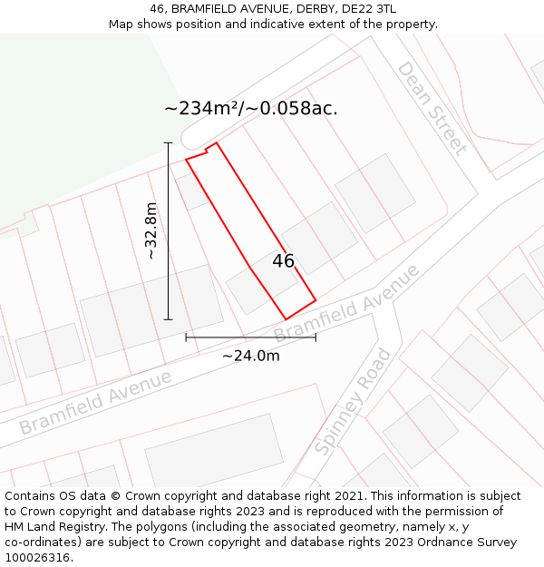 46, BRAMFIELD AVENUE, DERBY, DE22 3TL: Plot and title map
