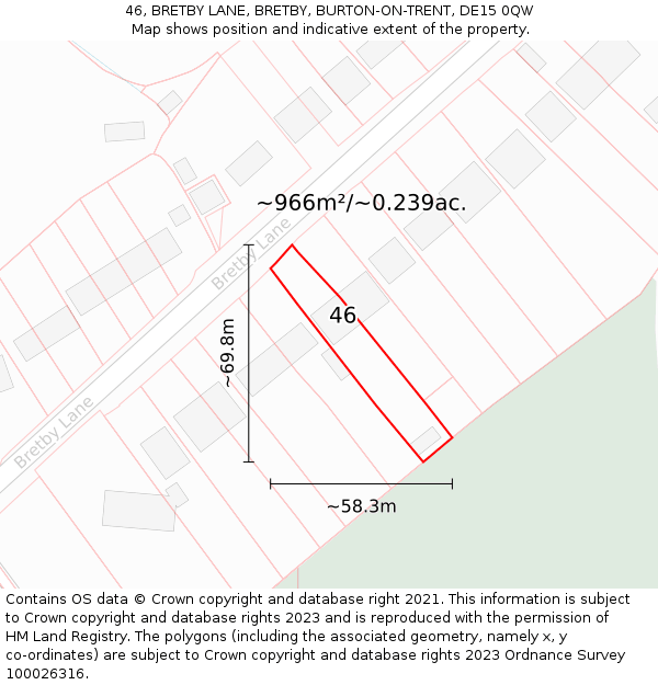 46, BRETBY LANE, BRETBY, BURTON-ON-TRENT, DE15 0QW: Plot and title map
