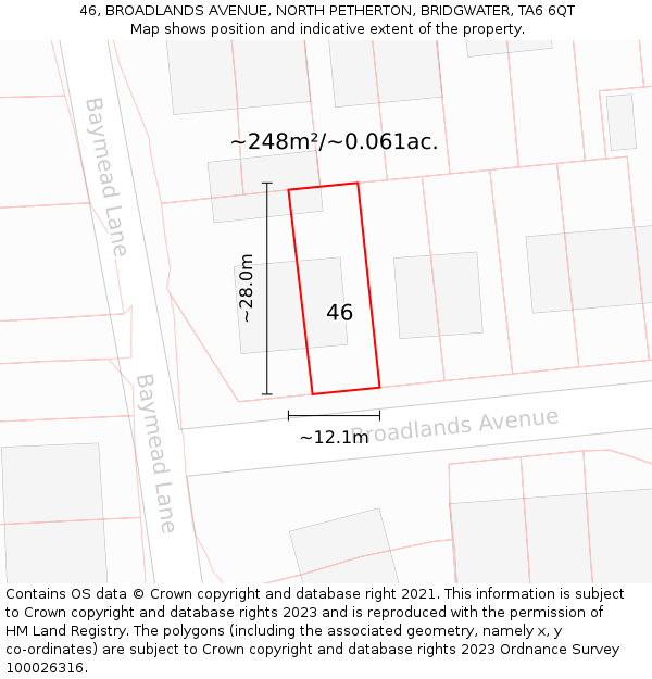 46, BROADLANDS AVENUE, NORTH PETHERTON, BRIDGWATER, TA6 6QT: Plot and title map
