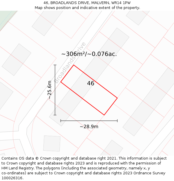 46, BROADLANDS DRIVE, MALVERN, WR14 1PW: Plot and title map
