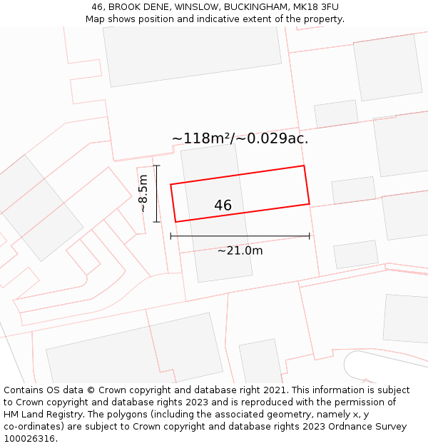 46, BROOK DENE, WINSLOW, BUCKINGHAM, MK18 3FU: Plot and title map