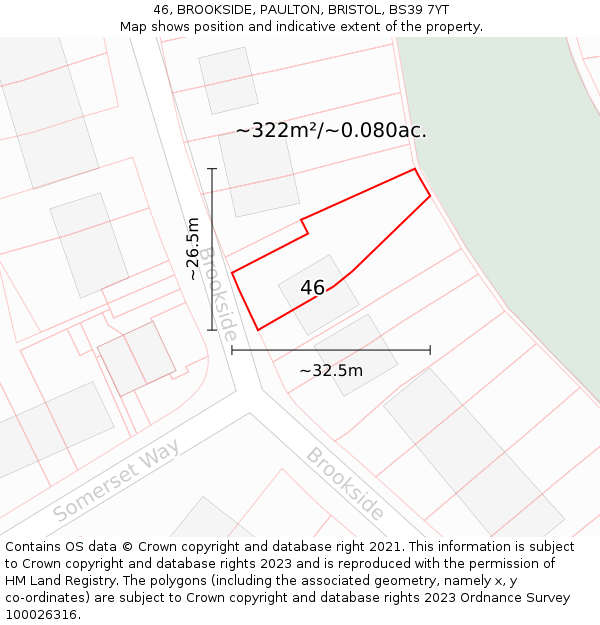 46, BROOKSIDE, PAULTON, BRISTOL, BS39 7YT: Plot and title map