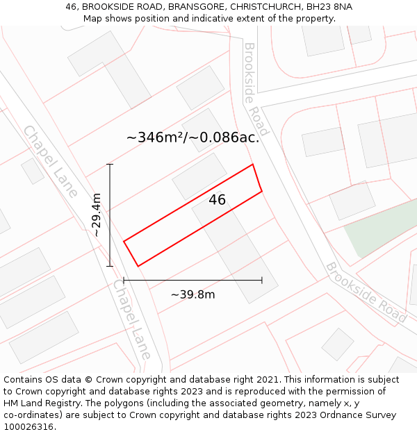 46, BROOKSIDE ROAD, BRANSGORE, CHRISTCHURCH, BH23 8NA: Plot and title map