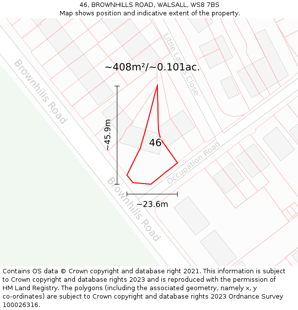 46, BROWNHILLS ROAD, WALSALL, WS8 7BS: Plot and title map