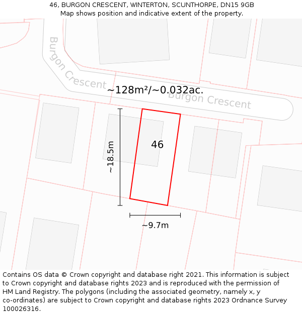 46, BURGON CRESCENT, WINTERTON, SCUNTHORPE, DN15 9GB: Plot and title map