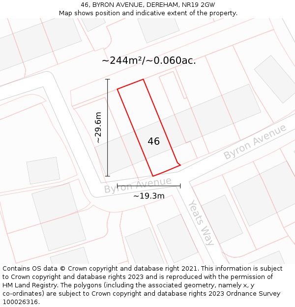 46, BYRON AVENUE, DEREHAM, NR19 2GW: Plot and title map