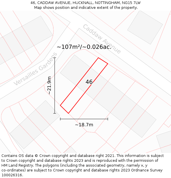 46, CADDAW AVENUE, HUCKNALL, NOTTINGHAM, NG15 7LW: Plot and title map