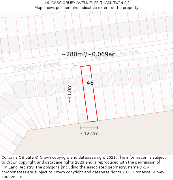 46, CASSIOBURY AVENUE, FELTHAM, TW14 9JF: Plot and title map