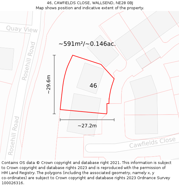 46, CAWFIELDS CLOSE, WALLSEND, NE28 0BJ: Plot and title map