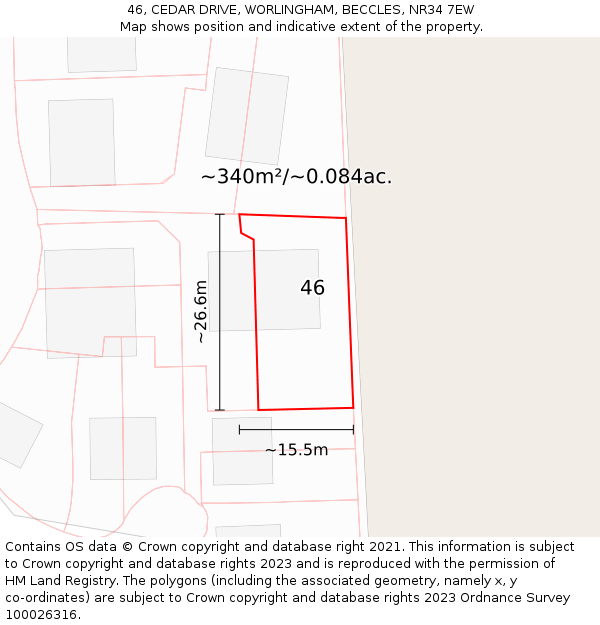 46, CEDAR DRIVE, WORLINGHAM, BECCLES, NR34 7EW: Plot and title map
