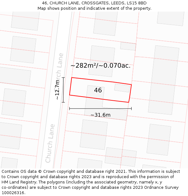 46, CHURCH LANE, CROSSGATES, LEEDS, LS15 8BD: Plot and title map