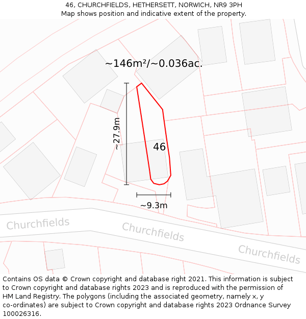 46, CHURCHFIELDS, HETHERSETT, NORWICH, NR9 3PH: Plot and title map