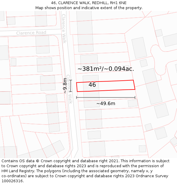 46, CLARENCE WALK, REDHILL, RH1 6NE: Plot and title map