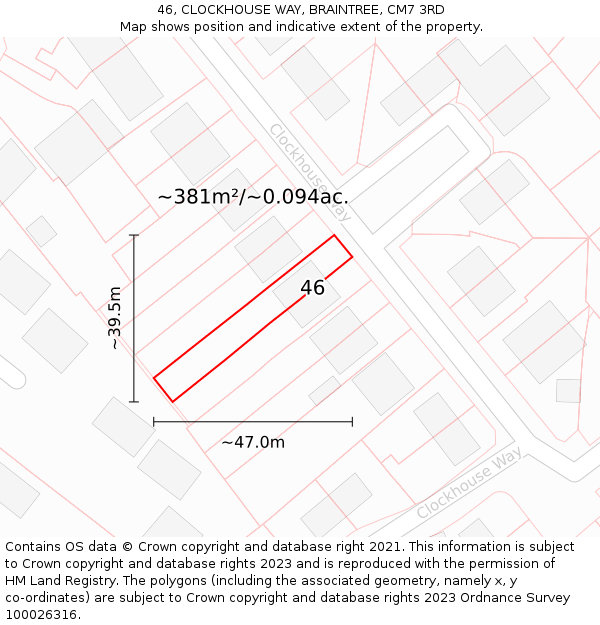 46, CLOCKHOUSE WAY, BRAINTREE, CM7 3RD: Plot and title map