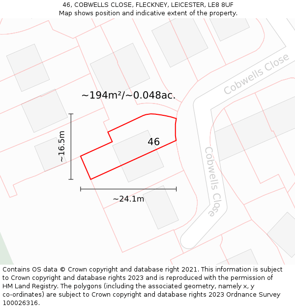 46, COBWELLS CLOSE, FLECKNEY, LEICESTER, LE8 8UF: Plot and title map