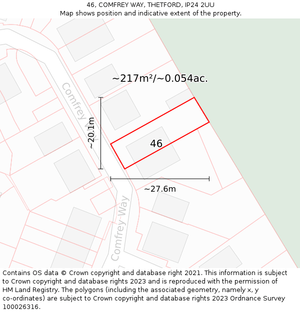 46, COMFREY WAY, THETFORD, IP24 2UU: Plot and title map