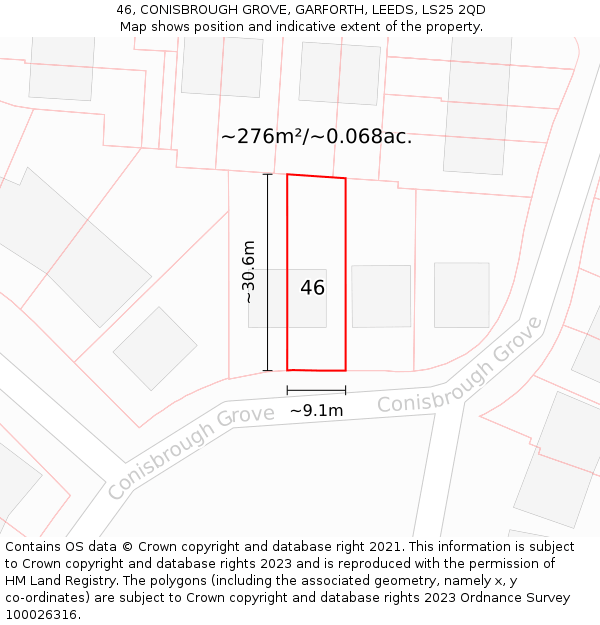 46, CONISBROUGH GROVE, GARFORTH, LEEDS, LS25 2QD: Plot and title map