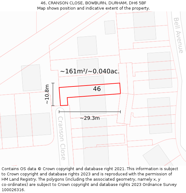 46, CRANSON CLOSE, BOWBURN, DURHAM, DH6 5BF: Plot and title map