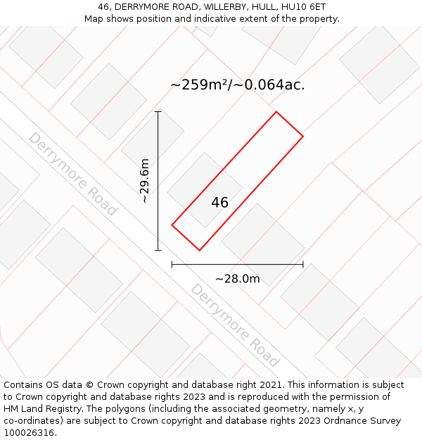 46, DERRYMORE ROAD, WILLERBY, HULL, HU10 6ET: Plot and title map