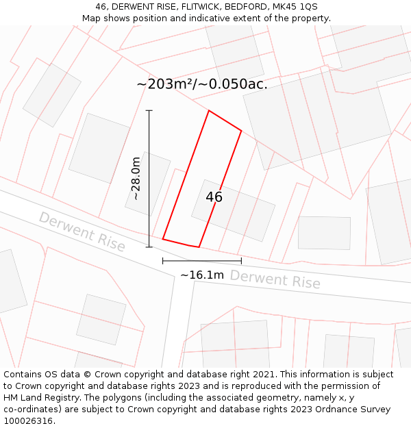 46, DERWENT RISE, FLITWICK, BEDFORD, MK45 1QS: Plot and title map