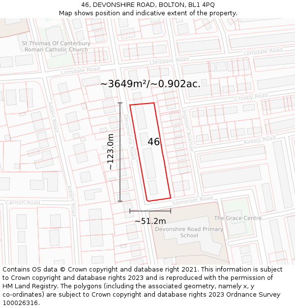 46, DEVONSHIRE ROAD, BOLTON, BL1 4PQ: Plot and title map