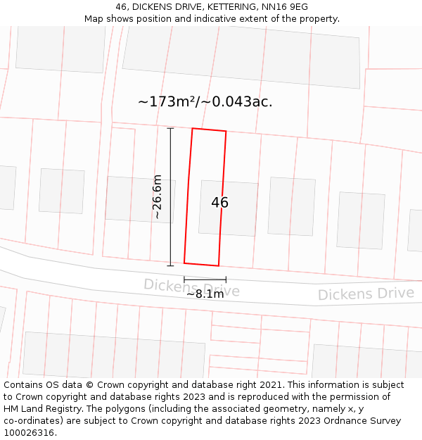 46, DICKENS DRIVE, KETTERING, NN16 9EG: Plot and title map