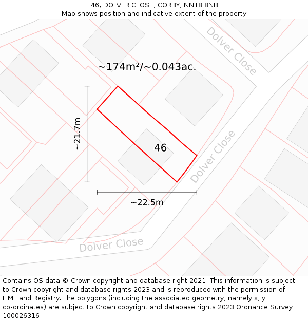46, DOLVER CLOSE, CORBY, NN18 8NB: Plot and title map