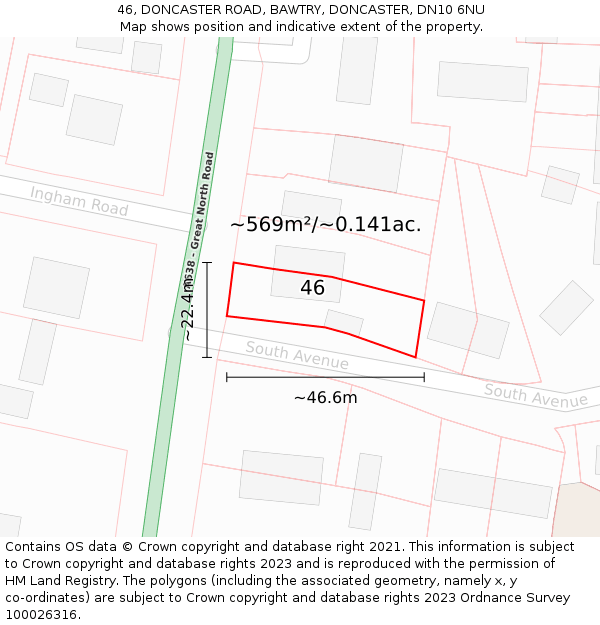 46, DONCASTER ROAD, BAWTRY, DONCASTER, DN10 6NU: Plot and title map