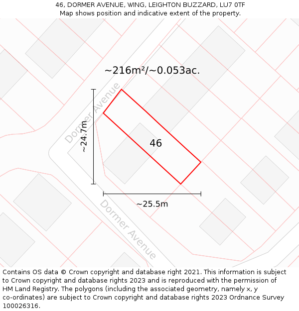 46, DORMER AVENUE, WING, LEIGHTON BUZZARD, LU7 0TF: Plot and title map