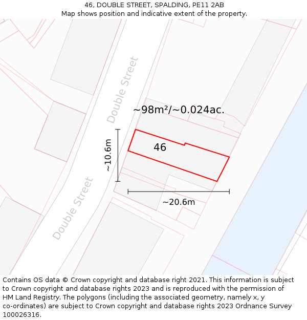 46, DOUBLE STREET, SPALDING, PE11 2AB: Plot and title map