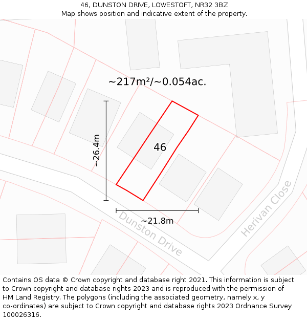46, DUNSTON DRIVE, LOWESTOFT, NR32 3BZ: Plot and title map