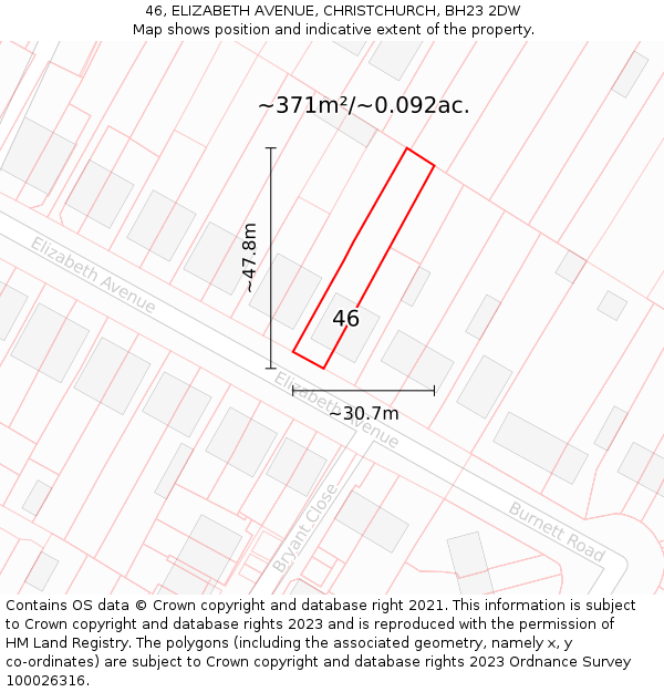 46, ELIZABETH AVENUE, CHRISTCHURCH, BH23 2DW: Plot and title map