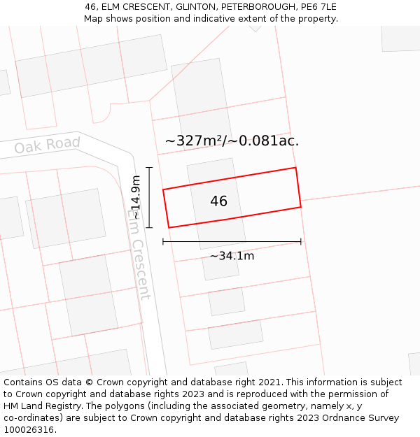 46, ELM CRESCENT, GLINTON, PETERBOROUGH, PE6 7LE: Plot and title map