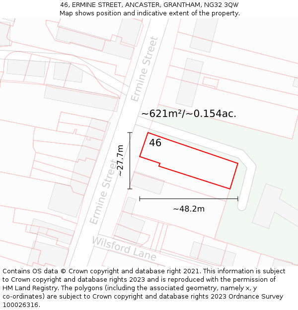46, ERMINE STREET, ANCASTER, GRANTHAM, NG32 3QW: Plot and title map