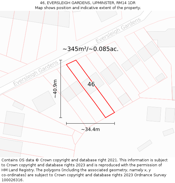 46, EVERSLEIGH GARDENS, UPMINSTER, RM14 1DR: Plot and title map
