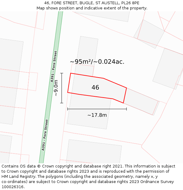 46, FORE STREET, BUGLE, ST AUSTELL, PL26 8PE: Plot and title map