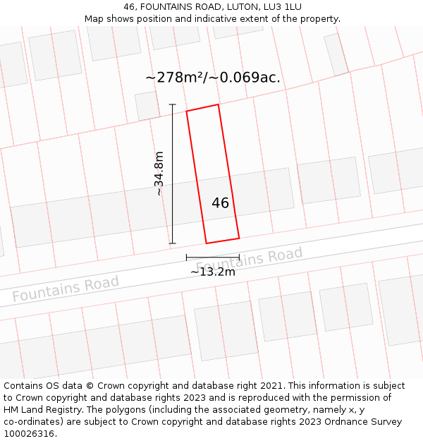 46, FOUNTAINS ROAD, LUTON, LU3 1LU: Plot and title map