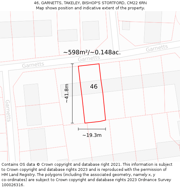 46, GARNETTS, TAKELEY, BISHOP'S STORTFORD, CM22 6RN: Plot and title map