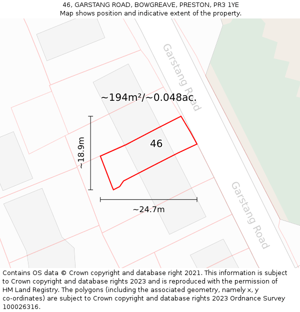 46, GARSTANG ROAD, BOWGREAVE, PRESTON, PR3 1YE: Plot and title map