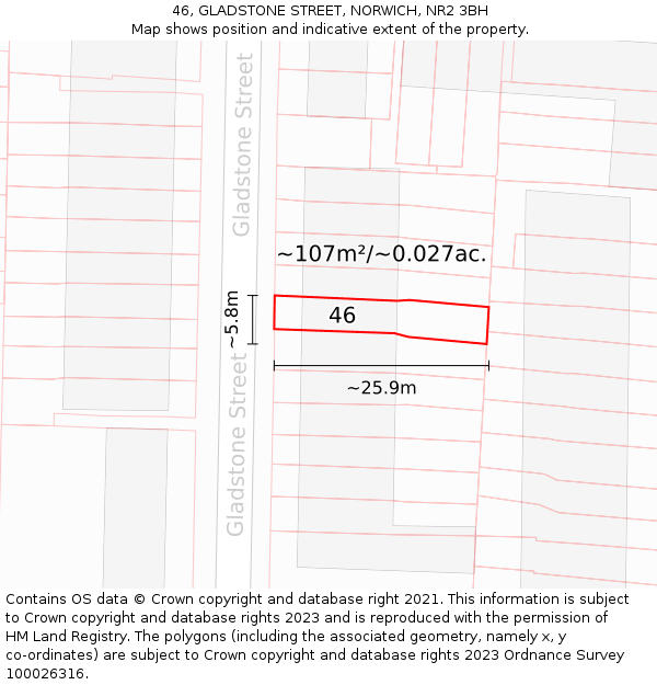 46, GLADSTONE STREET, NORWICH, NR2 3BH: Plot and title map