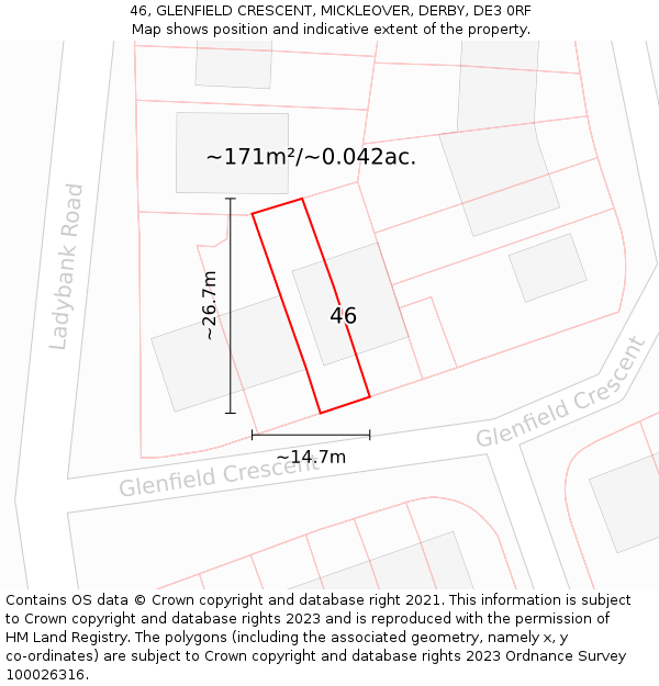 46, GLENFIELD CRESCENT, MICKLEOVER, DERBY, DE3 0RF: Plot and title map