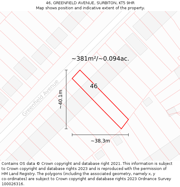 46, GREENFIELD AVENUE, SURBITON, KT5 9HR: Plot and title map