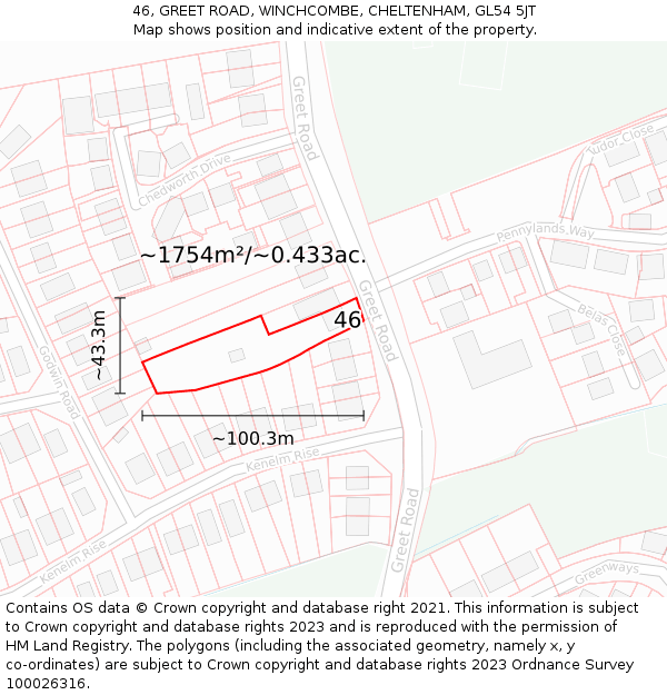 46, GREET ROAD, WINCHCOMBE, CHELTENHAM, GL54 5JT: Plot and title map