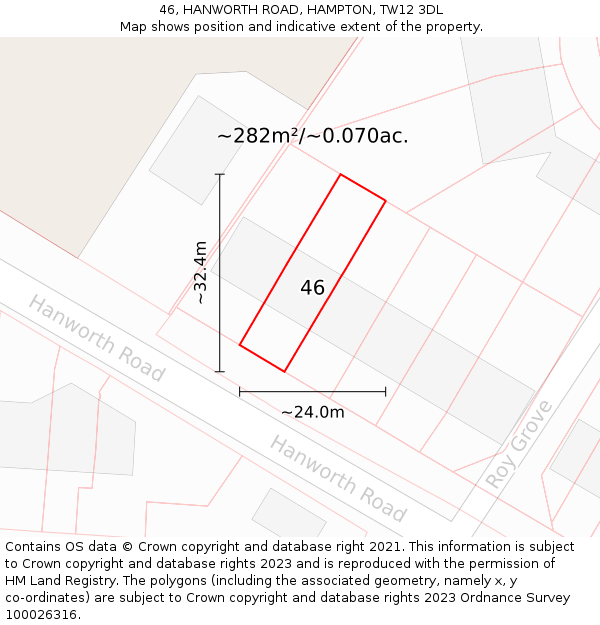 46, HANWORTH ROAD, HAMPTON, TW12 3DL: Plot and title map